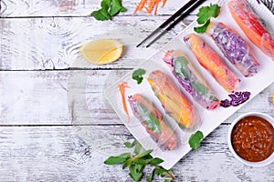 Fresh spring rolls with pepper, red cabbage, carrot and other vegetables