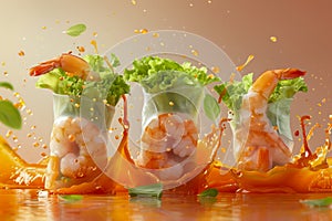 Fresh Spring Rolls with Prawn and Tangy Sauce Splash in High Resolution for Culinary Concepts