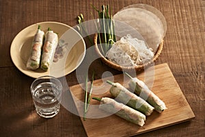 Fresh spring rolls with shrimps on bamboo dish