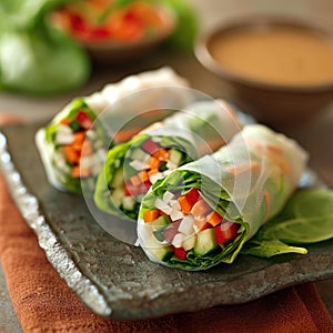 Fresh Spring Rolls on Slate, Healthy Eating Concept