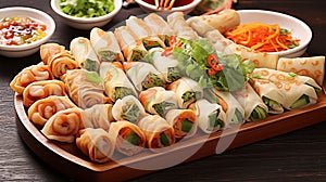 Fresh spring rolls stuffed with vegetables and four kinds of sauces.AI Generated
