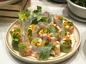 Fresh spring rolls with vegetables on a plate, closeup of photo