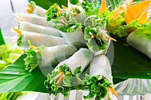 Fresh spring rolls with vegetables and rice papers. Vietnamese cuisine for health, diet and vegan