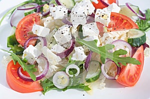 Fresh spring salad with cucumber, tomato, cheese and arugula isolated on a white plate