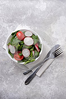 Fresh spring salad with green leaves of arugula, , spinach, beets, radish, cucumber and tomato on a gray stone