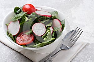 Fresh spring salad with green leaves of arugula, , spinach, beets, radish, cucumber and tomato on a gray stone