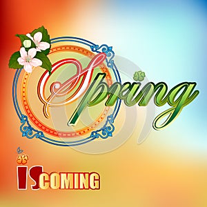 Fresh spring scene background with Spring text framed by beautiful ornamental borders