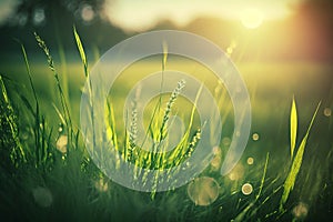 A fresh spring sunny garden background of green grass and blurred natural landscape