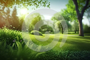 A fresh spring sunny garden background of green grass and blurred natural landscape with green grass,