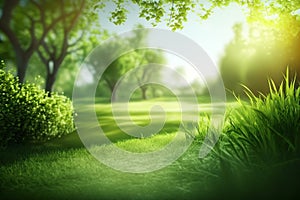 A fresh spring sunny garden background of green grass and blurred natural landscape with green grass, sunlight in nature field.