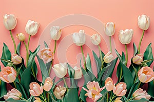 Fresh spring tulip flowers as a holiday postcard design color background with space for text