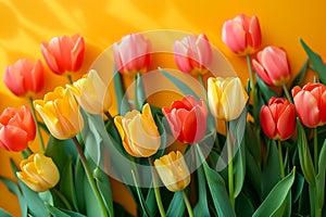 Fresh spring tulip flowers as a holiday postcard design color background with space for text