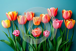 Fresh spring tulip flowers as a holiday postcard design color background with space for text