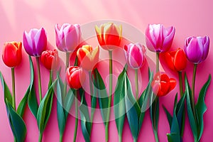 Fresh spring tulip flowers as a holiday postcard design color background with space for text