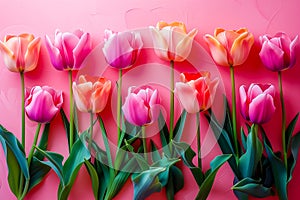 Fresh spring tulip flowers as a holiday postcard design color background with space for text