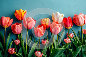 Fresh spring tulip flowers as a holiday postcard design color background with space for text