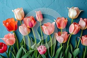 Fresh spring tulip flowers as a holiday postcard design color background with space for text