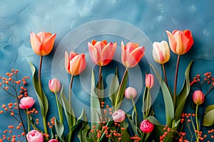 Fresh spring tulip flowers as a holiday postcard design color background with space for text