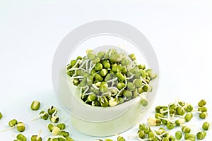 Fresh Sprouted mung beans or green gram beans in heart bowl