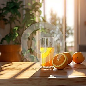 Fresh squeezed orange juice in a glass on a sunny kitchen. AI Generative