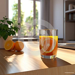 Fresh squeezed orange juice in a glass on a sunny kitchen. AI Generative