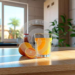 Fresh squeezed orange juice in a glass on a sunny kitchen. AI Generative