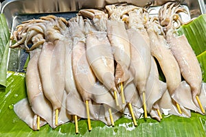 Fresh squid skewers on display at a street food market