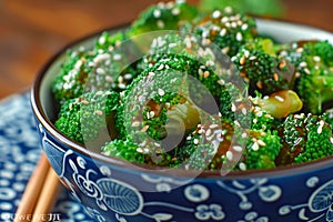 Fresh Steamed Broccoli with Sesame Seeds in a Decorative Blue Bowl on a Rustic Wooden Table, Healthy Green Vegetables, Vegetarian