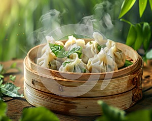 Fresh Steamed Dumplings in Bamboo Steamer with Green Leaves and Steam on Rustic Wooden Background