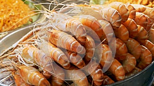 Fresh steamed shrimps at Thai food court in Thailand