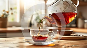 Fresh steaming Rooibos tea poured from teapot to glass cup with bright kitchen background