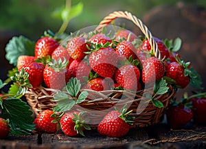Fresh strawberries in basket on wooden table