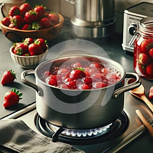 Fresh strawberries are boiled in a pot on the stove. Homemade jam