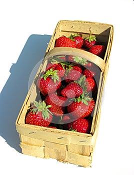 Fresh strawberries in a chip basket against a white background