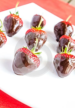 Fresh strawberries covered with dark chocolate