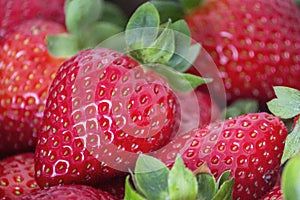 Fresh Strawberries fruits close up background, species Fragaria ananassa cultivated worldwide.