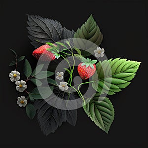 Fresh strawberries, fruits, flowers and leaves close-up on a black background, for advertising, packaging design