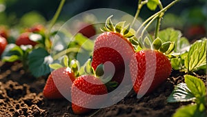 Fresh strawberries in the garden close-up bio raw natural farm season cultivate