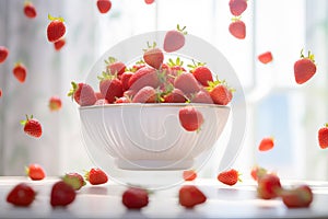 Fresh Strawberries Levitating Around White Bowl on Sunlit Table
