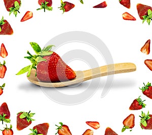 Fresh strawberries placed in a wooden plate and salad dressing cup isolated on white background,Object have clipping path.Healthy