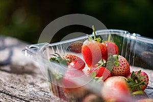 Fresh strawberries in a plastic box on wooden table