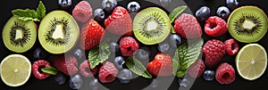 Fresh strawberries, raspberries, lemons, kiwis, blueberries, and mint leaves on black background