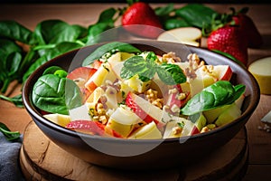Fresh strawberries salad with spinach, wallnuts and cheese