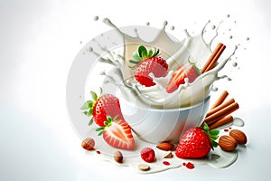 Fresh strawberries splashing into a bowl of milk, creating an enticing and dynamic visual effect