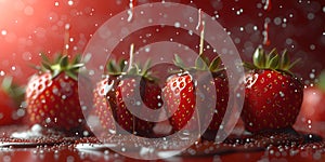 Fresh strawberries under a gentle rain, droplets creating a splash. vibrant colors and healthy food concept. perfect for