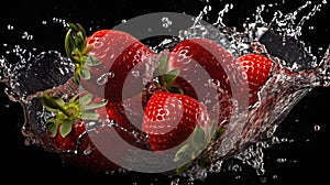 Fresh strawberries in water splash, isolated on black background. Studio shot. - made with generative AI tools