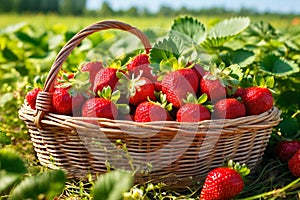 Fresh strawberries in a wicker basket on a sunny day in the field