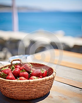 fresh strawberries in a wisker basket standing on a wooden table photo