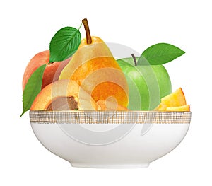 Fresh strawberry, apricot, peach, apple and pear in plate