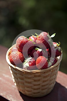 Fresh strawberry in basket on wooden table